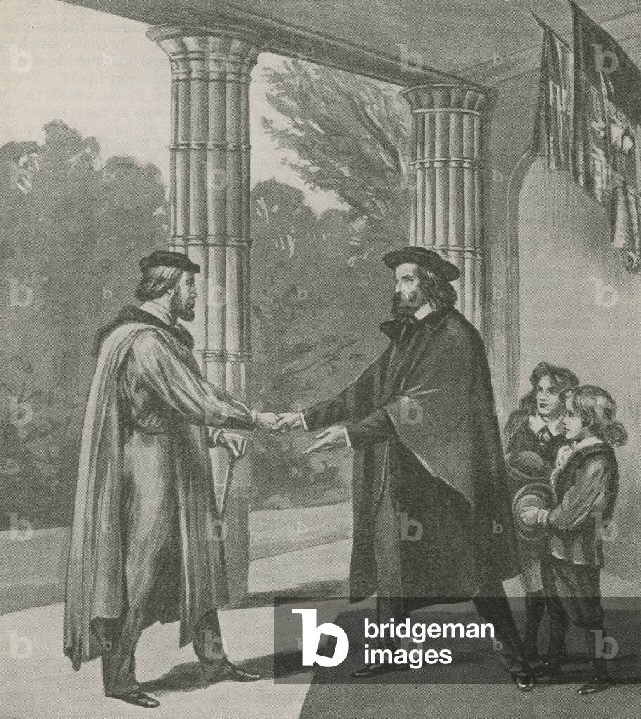 Alfred, Lord Tennyson, welcoming Giuseppe Garibaldi to his home on the Isle of Wight (litho)