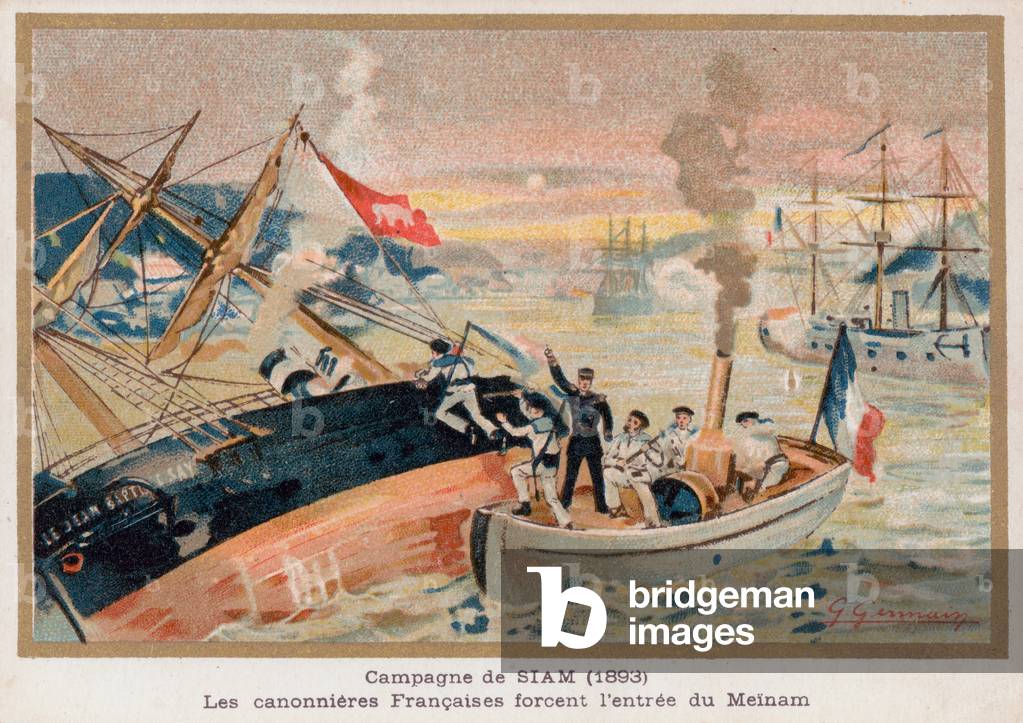 French Gunboats at Paknam, Siam (chromolitho)