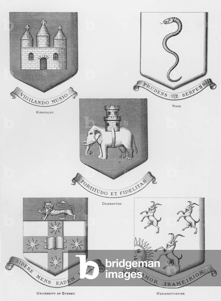 Public arms: Kirkcaldy; Naas; Dumbarton; University of Sydney; Merionethshire (engraving)