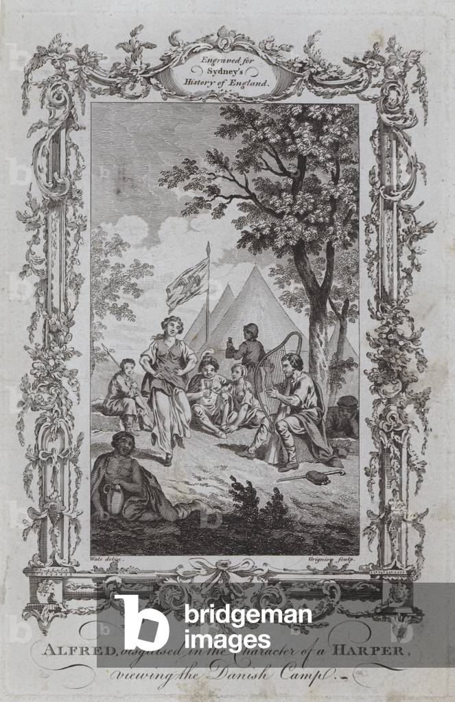 Alfred, disguised in the Character of a Harper, viewing the Danish Camp (engraving)