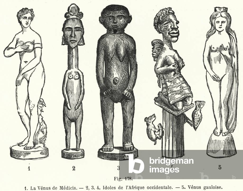 La Venus de Medicis; Idoles de l'Afrique occidentale; Venus gauloise (engraving)