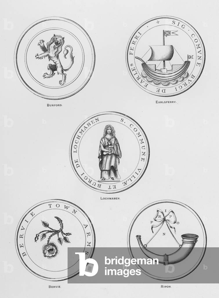 Public arms: Burford; Earlsferry; Lochmaben; Bervie; Ripon (engraving)