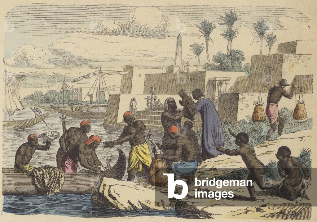 Ancient Egyptian fishermen (coloured engraving)