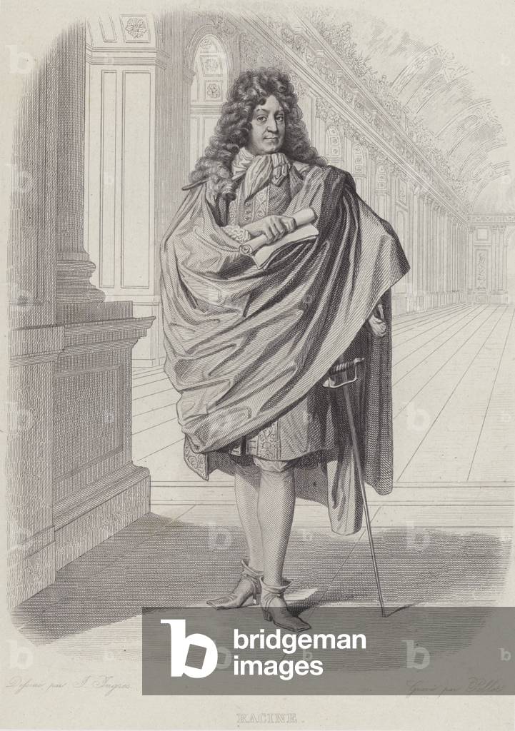 Jean Racine, French playwright, in the Hall of Mirrors at Versailles (engraving)