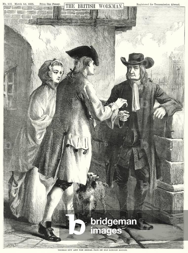 Thomas Guy and the Bridal Pair on Old London Bridge (engraving)