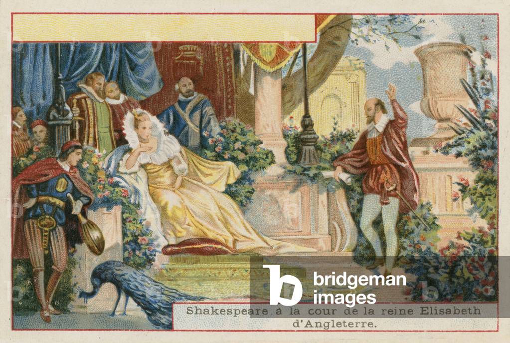 William Shakespeare at the court of Queen Elizabeth I of England (chromolitho)