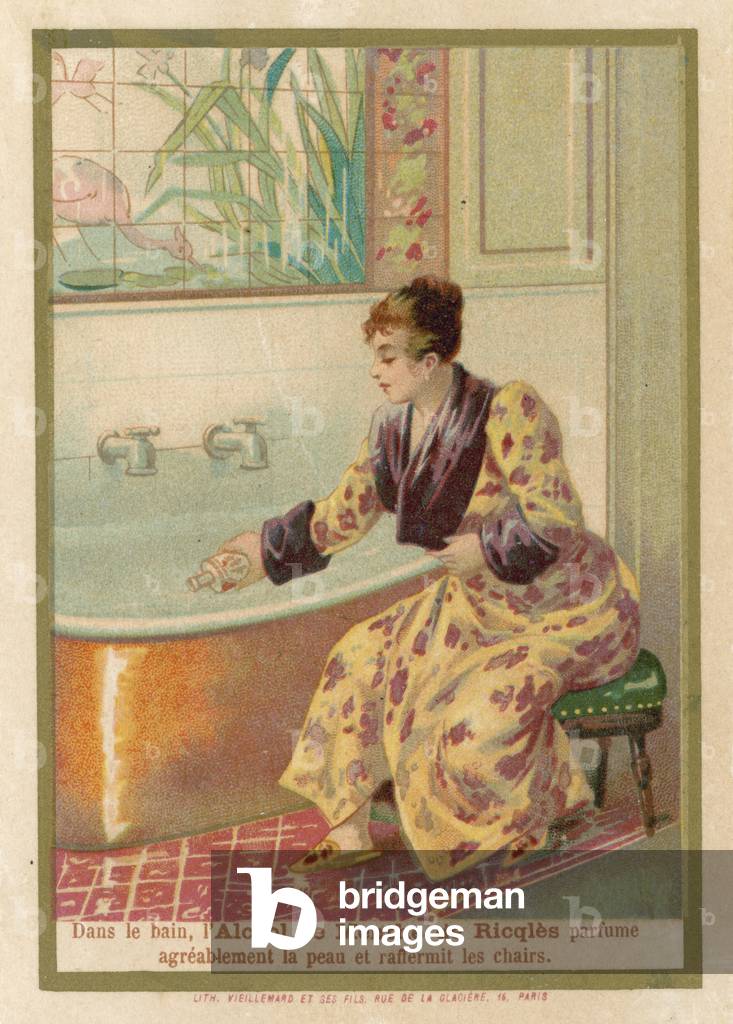 Woman using Ricqles mint spirit in her bath (chromolitho)