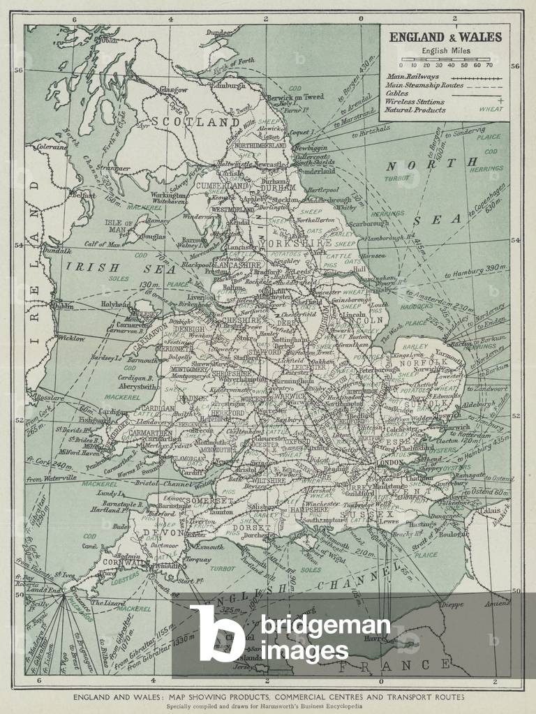 England and Wales, Map showing products, commercial centres and transport routes (litho)