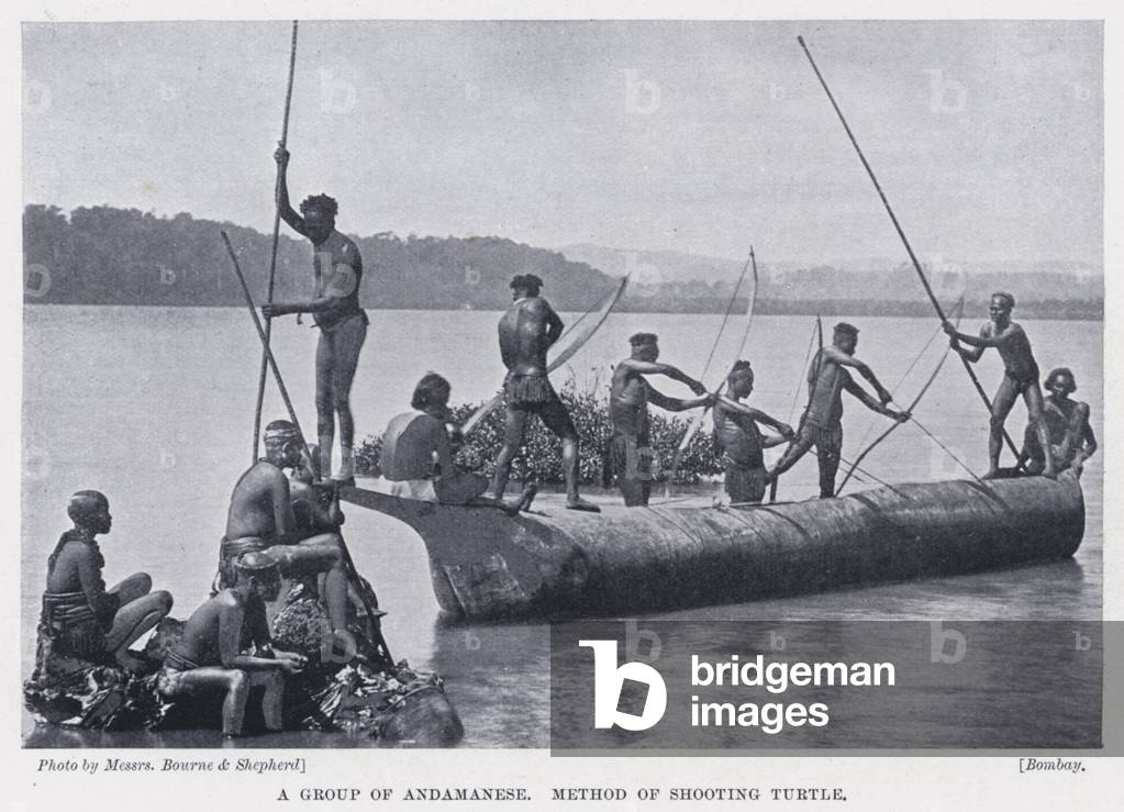 A Group of Andamanese, Method of Shooting Turtle (b/w photo)