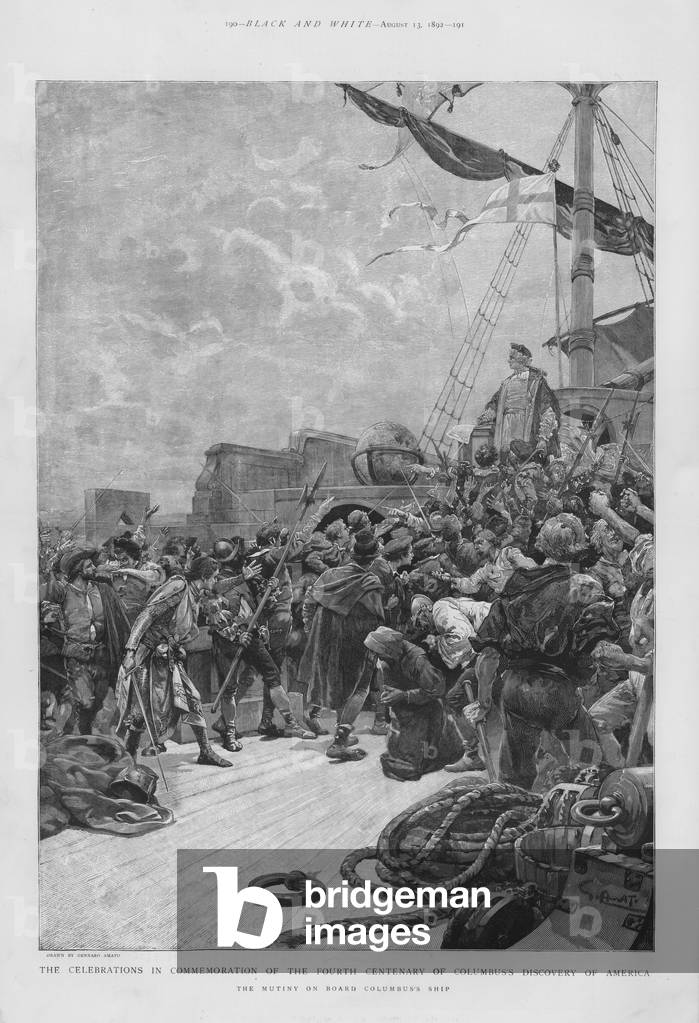Mutiny on board the ship of Christopher Columbus during his first voyage to the New World, 1492 (litho)