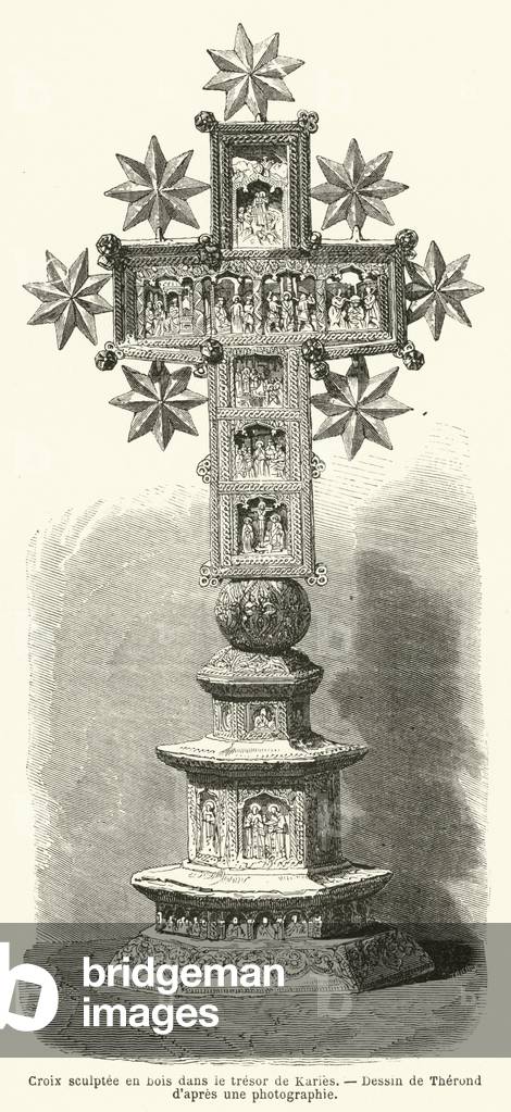 Croix sculptee en bois dans le tresor de Karies (engraving)