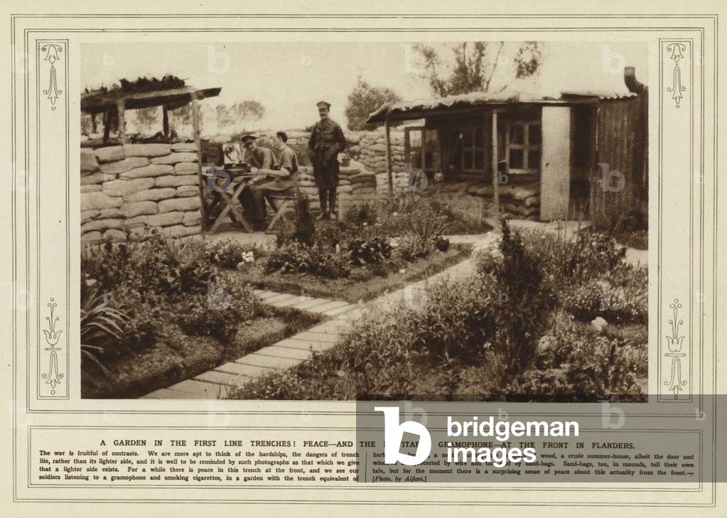 A garden in the first line trenches! Peace, and the inevitable gramophone, at the front in Flanders (b/w photo)