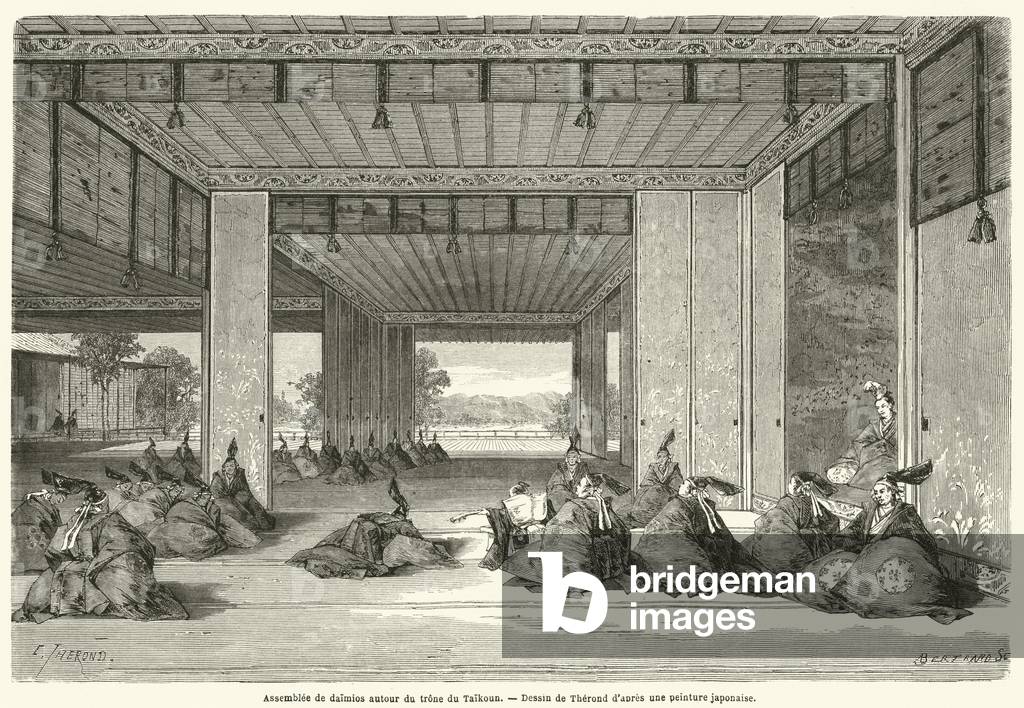 Assemblee de daimios autour du trone du Taikoun (engraving)