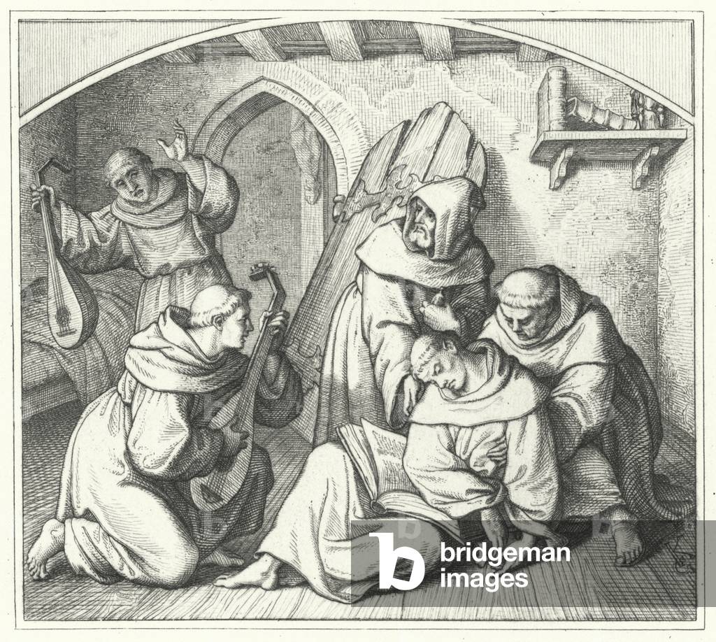 Martin Luther faints with a Bible in his hand and his friends bring him back to his senses (engraving)
