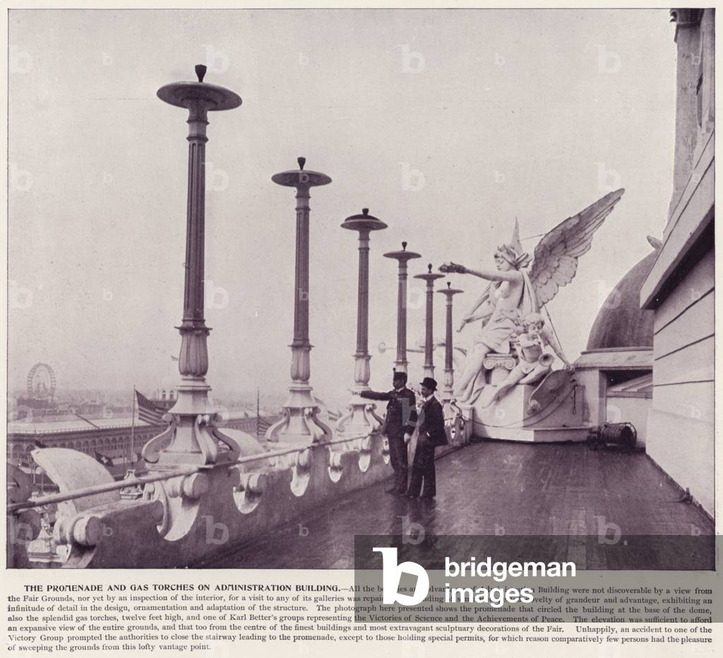 Chicago World's Fair, 1893: The Promenade and Gas Torches on Administration Building (b/w photo)