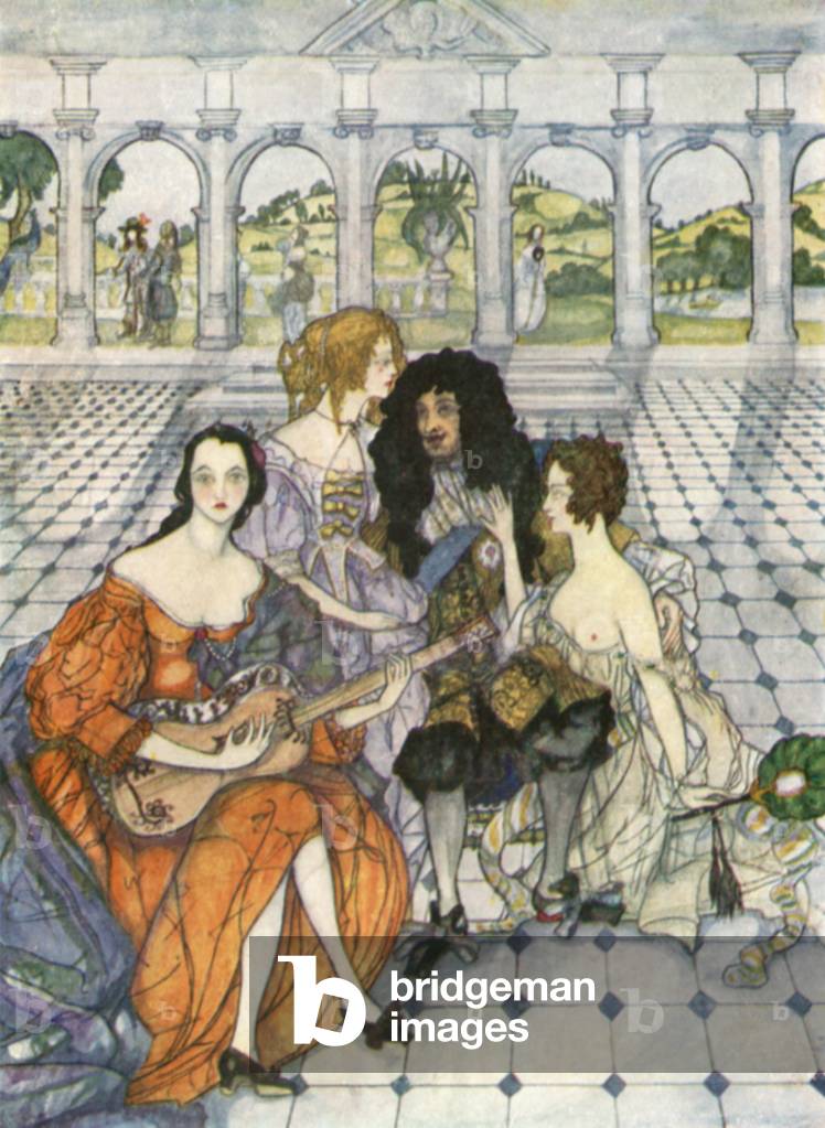 Charles II, Nell Gwyn, Duchess of Portsmouth and Duchess of Mazarin (colour litho)