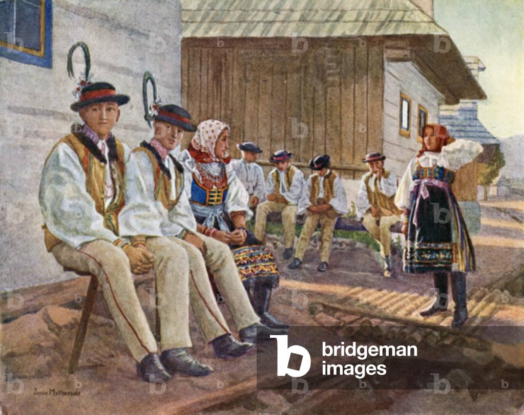 Villagers at Vazec, Slovakia (colour litho)
