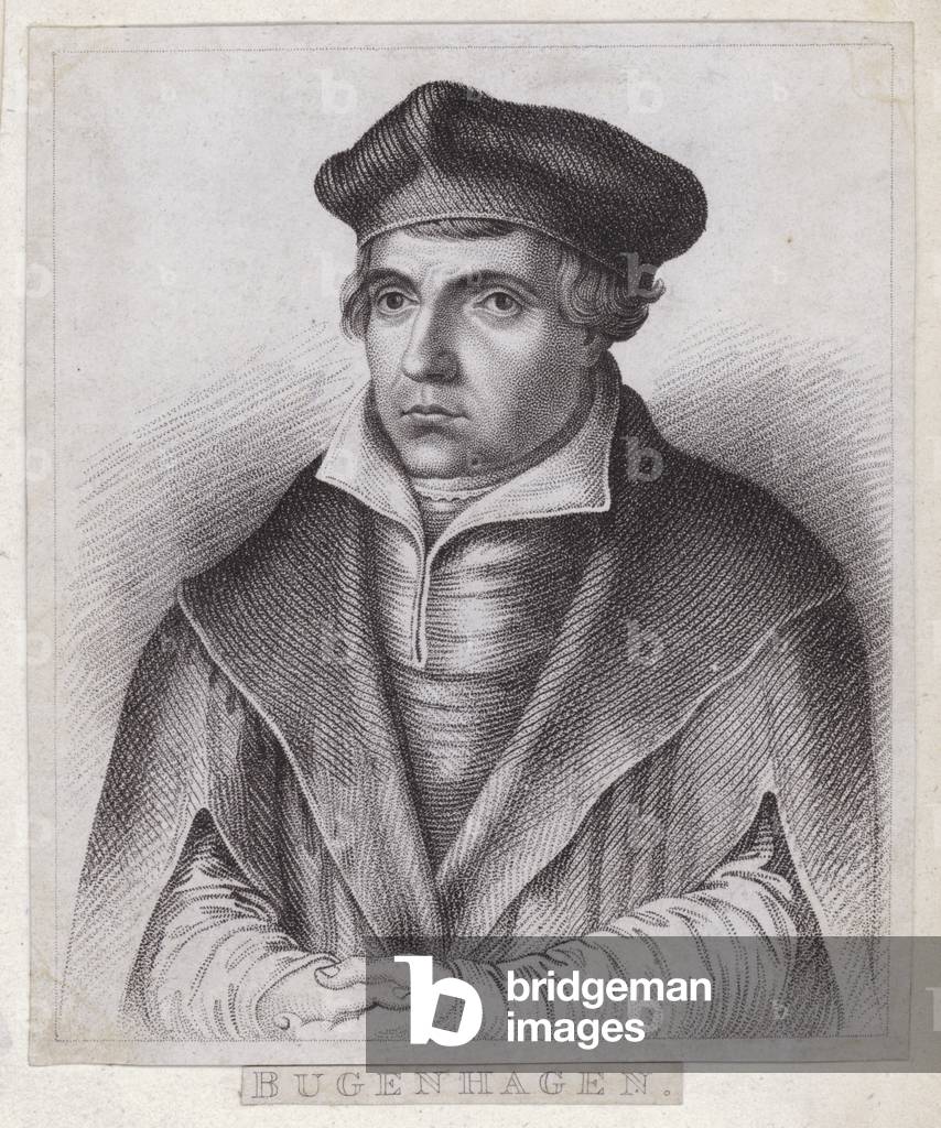 Johannes Bugenhagen (Doctor Pomeranus), German priest and theologian who introduces the Protestant Reformation to Pomerania and Denmark (engraving)