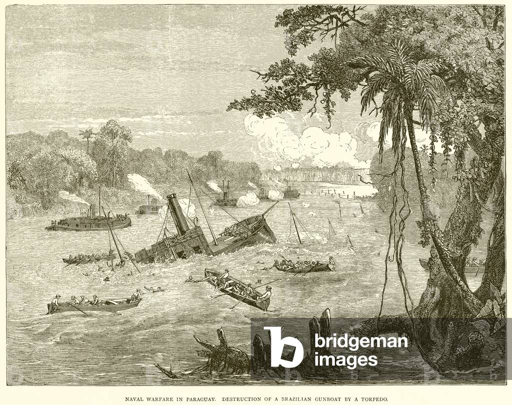 Naval Warfare in Paraguay. Destruction of a Brazilian Gunboat by a Torpedo (engraving)