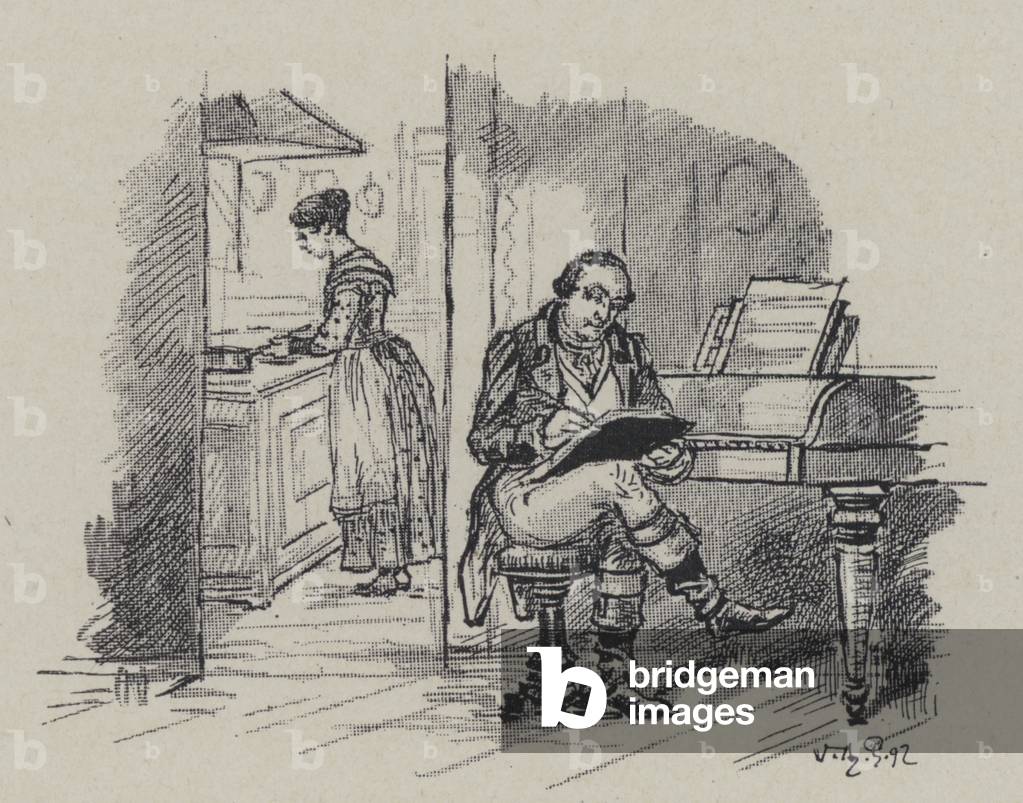 Italian composer Gioachino Rossini composing at home (engraving)