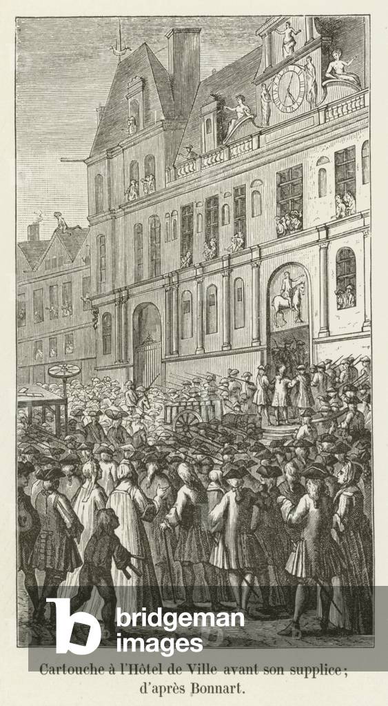 Cartouche a l'Hotel de Ville avant son supplice; d'apres Bonnart (engraving)