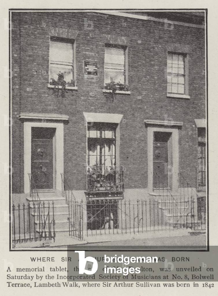 Birthplace of English composer Sir Arthur Sullivan, 8 Bolwell Terrace, Lambeth Walk, London (b/w photo)