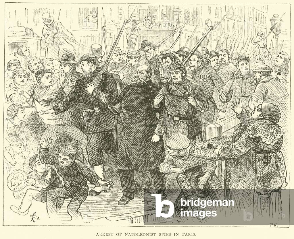 Arrest of Napoleonist spies in Paris, October 1870 (engraving)