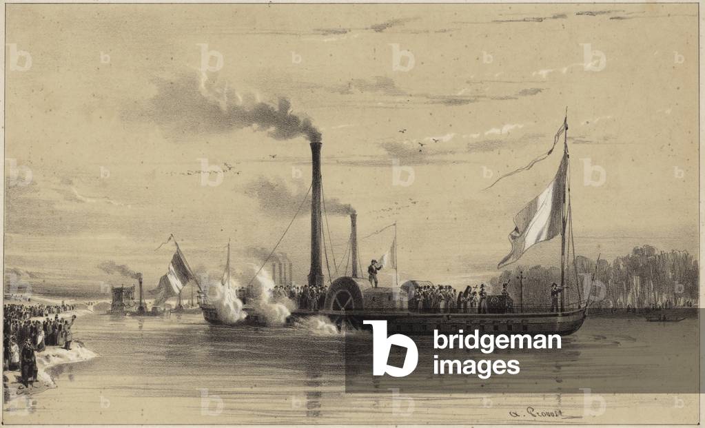 People on the shore waving off a steamship (litho)