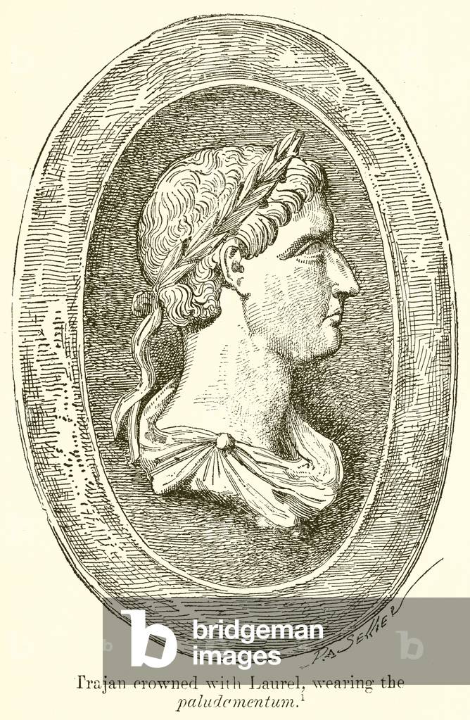 Trajan Crowned with Lasurel, Wearing the Paludcmentum (engraving)