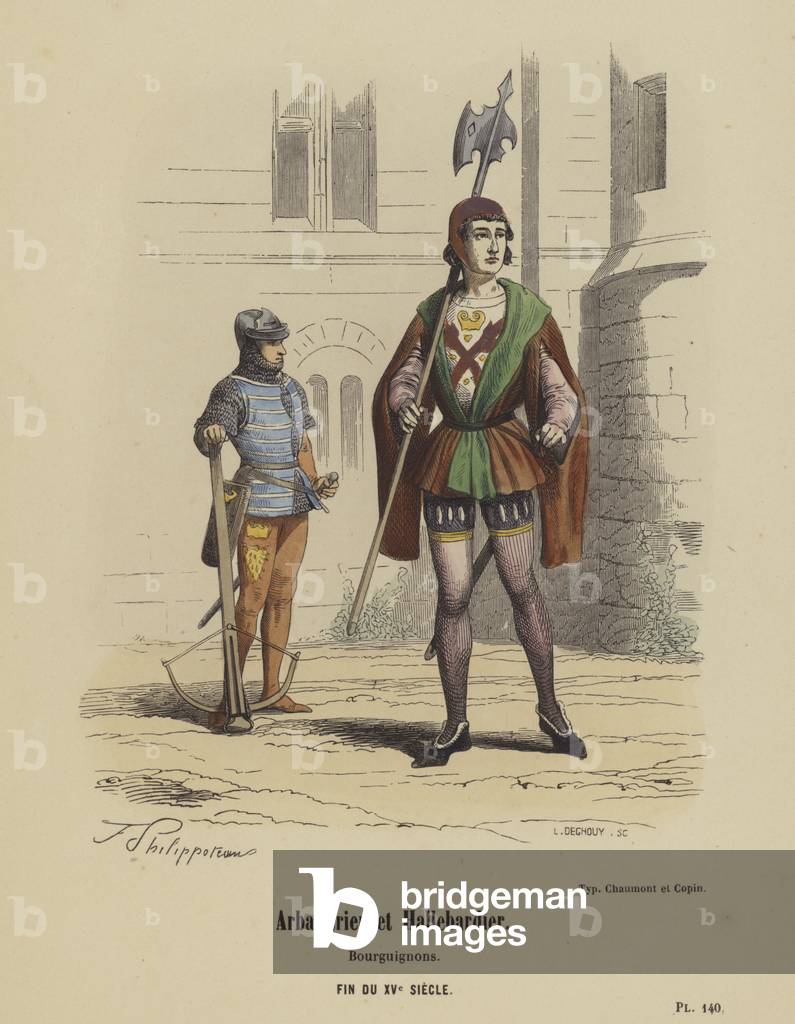 Arbaletrier et Hallebardier, Bourguignons, Fin Du XVe Siecle (coloured engraving)