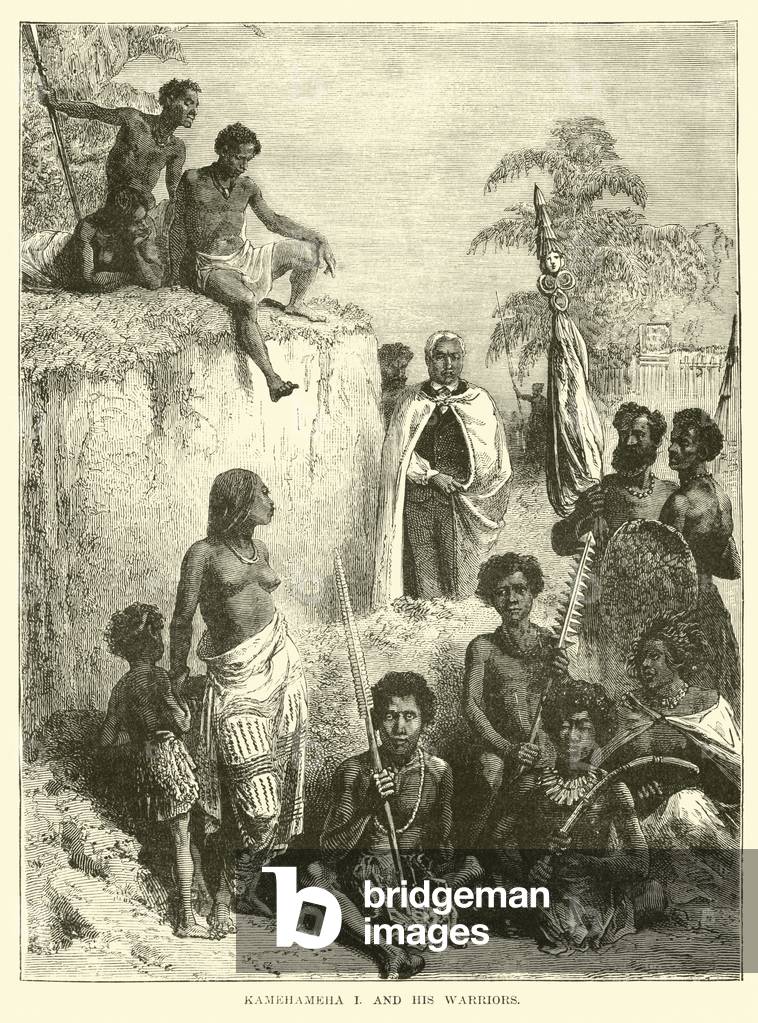 Kamehameha I and his warriors (engraving)