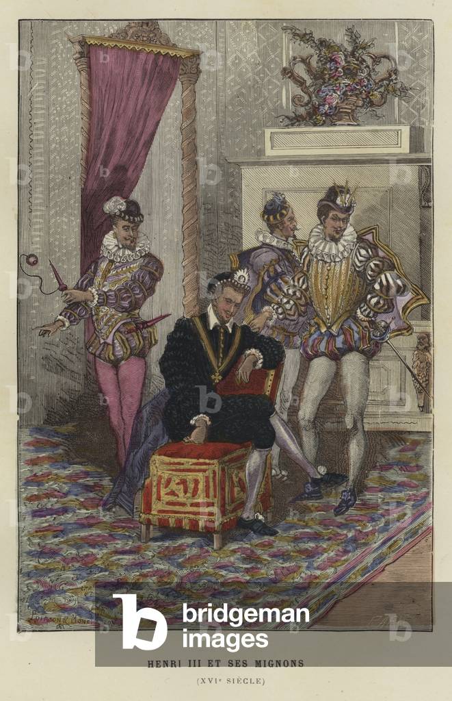 King Henry III of France and his favourites, les Mignons, 16th Century (coloured engraving)