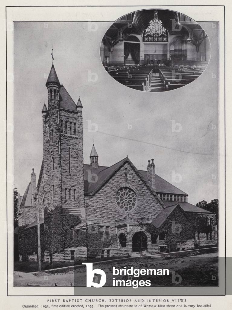 Jamestown, NY: First Baptist Church, Exterior and Interior views (b/w photo)