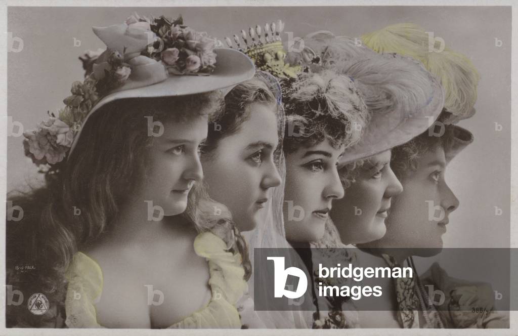 Line of women in historical dress (colour photo)