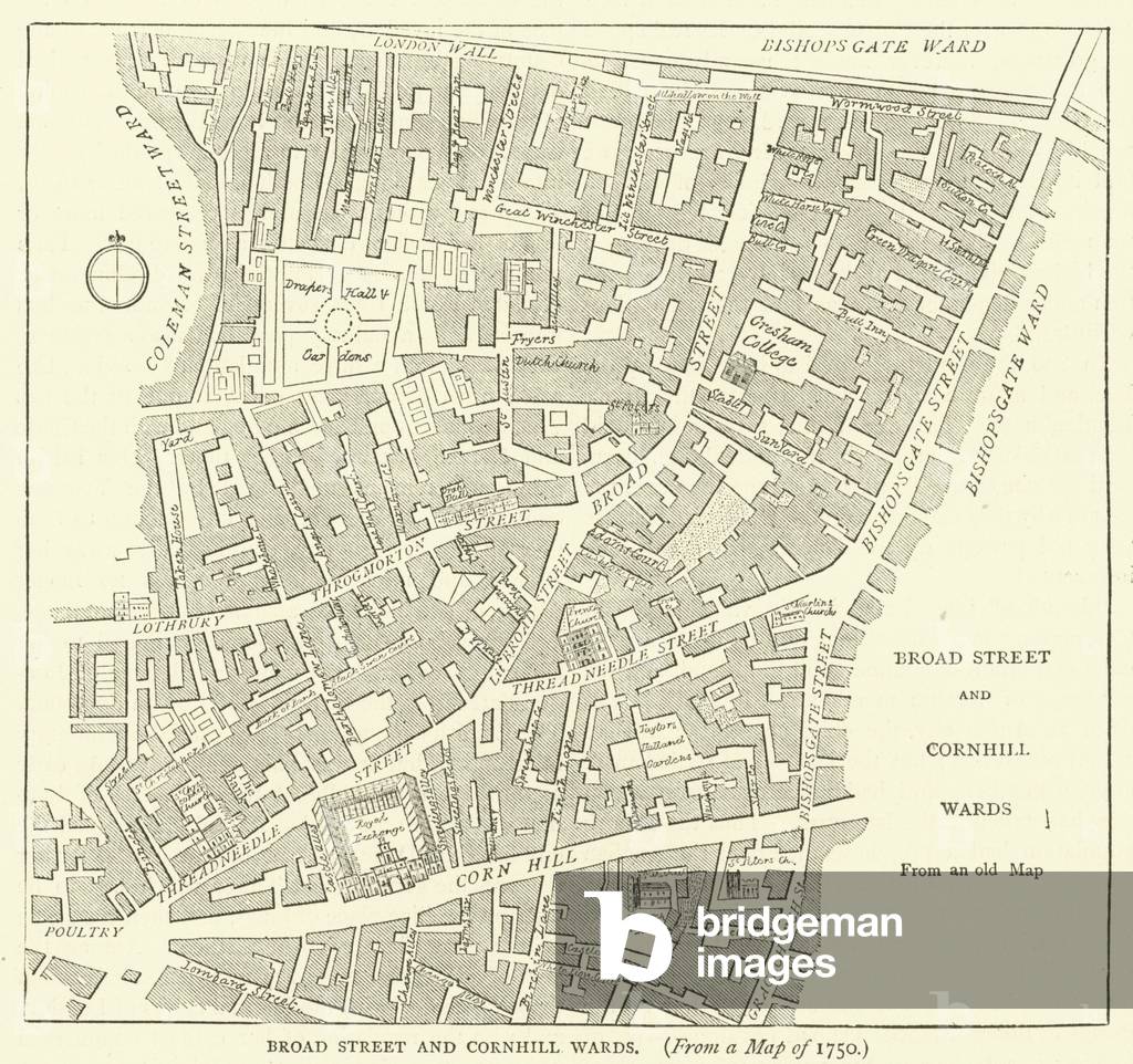 Broad Street and Cornhill Wards, from a map of 1750 (engraving)