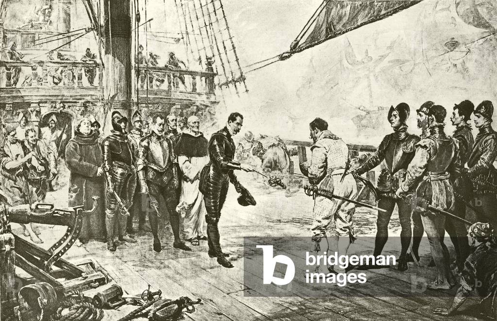 The admiral of the Spanish Armada surrenders to Drake (engraving)