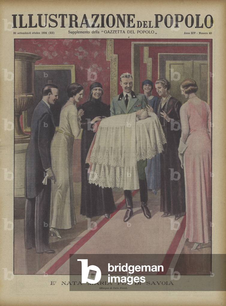 The birth of Princess Maria Pia, eldest child of Prince Umberto and Princess Marie Jose of Piedmont (colour litho)