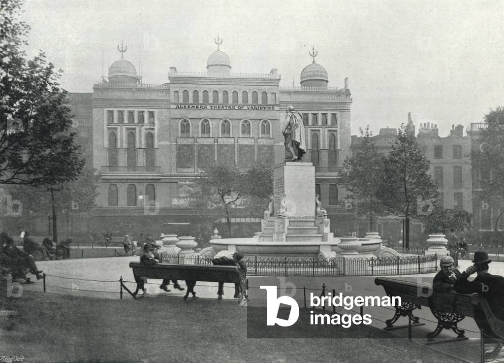 Leicester Square, the Alhambra Theatre, from the Gardens (b/w photo)