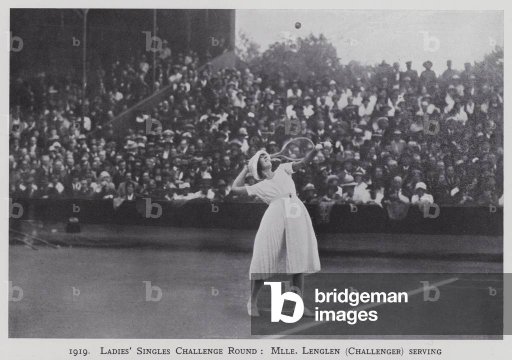 1919, Ladies' Singles Challenge Round, Mademoiselle Lenglen (Challenger) serving (b/w photo)