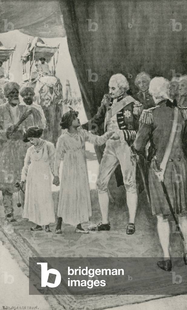 The Sons of Sultan Tippu are received by Lord Cornwallis as Hostages (litho)