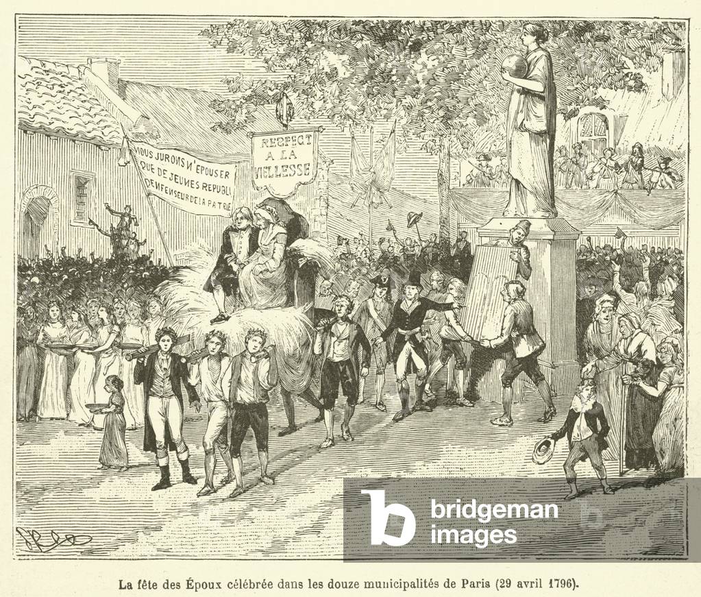 La fete des Epoux celebree dans les douze municipalites de Paris, 29 avril 1796 (engraving)