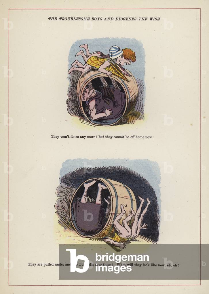 The troublesome boys and Diogenes the Wise (colour litho)
