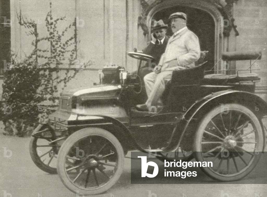 King Edward VII in his motor car, 1907 (b/w photo)