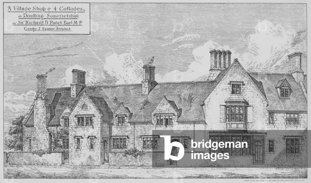 A Village Shop and 4 Cottages at Doulting, Somersetshire for Sir Richard B Paget, Baronet, MP (engraving)
