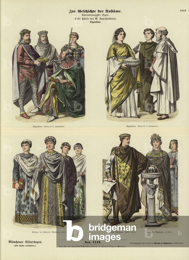 Byzantine costumes, first half of 6th Century (coloured engraving)
