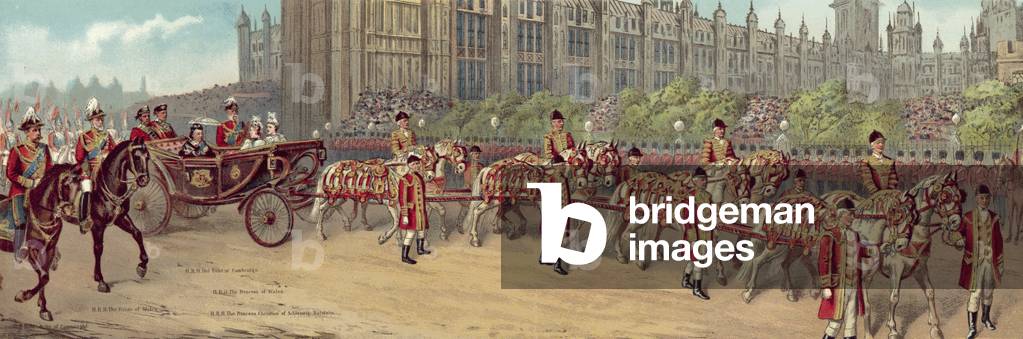Queen Victoria's Diamond Jubilee 1897, The Royal Carriage and Escort passing the Houses of Parliament (chromolitho)