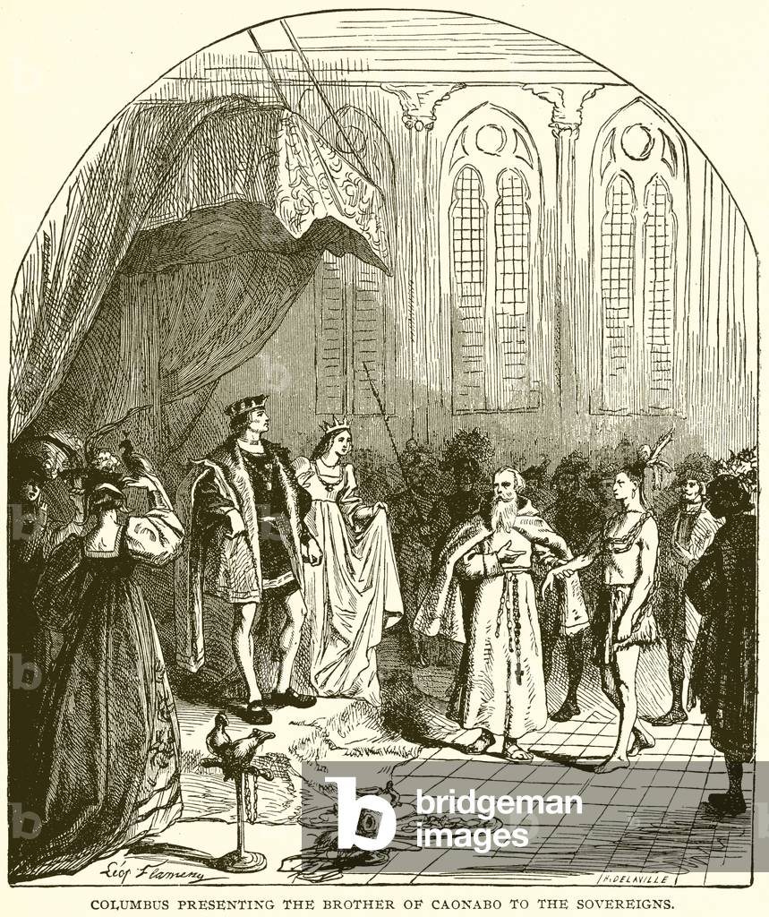Christopher Columbus presenting the Brother of Caonabo to the Sovereigns (engraving)