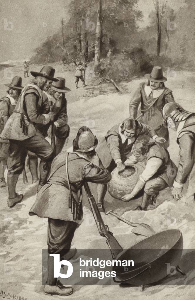 The Pilgrim Fathers strike the sand and find corn (litho)