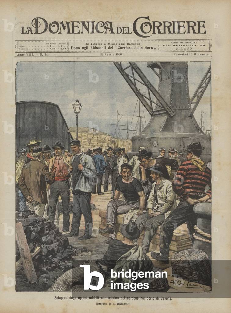 Strike of coal unloading workers in the port of Savona (colour litho)