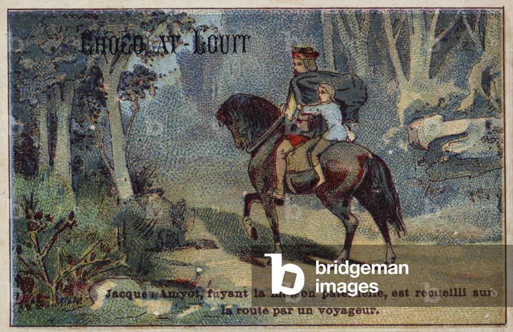 Fleeing his father's house, Jacques Amyot is picked up on the road by a traveller (chromolitho)